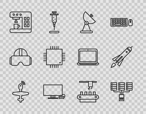Set line UAV Drone, Server, Data, Web Hosting, Radar, Smart Tv, Coffee machine Stock Illustration
