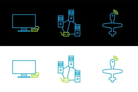 Set line UAV Drone, Smart Tv and Computer network icon. Vector Stockillustratie