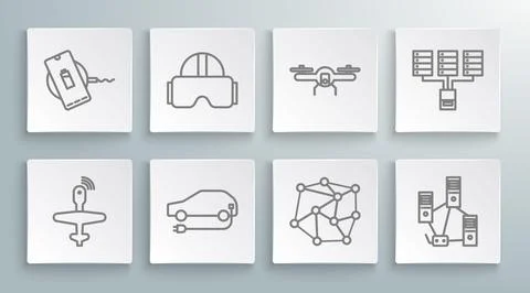 Set line UAV Drone, Virtual reality glasses, Electric car, Neural network Illustrazione stock