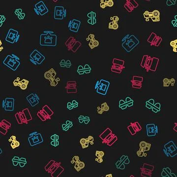 Set line Udder, Chicken egg in box, Tractor and Well on seamless pattern. Vector Illustrazione stock