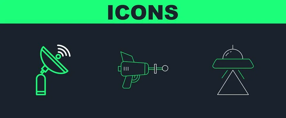 Set line UFO flying spaceship, Radar and Ray gun icon. Vector Stock Illustration