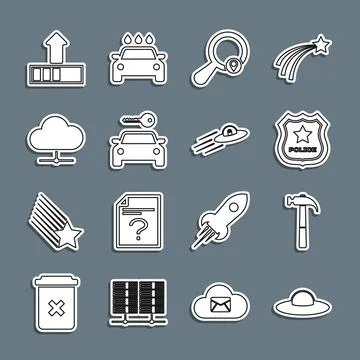 Set line UFO flying spaceship, Hammer, Police badge, Search location, Car r.. 스톡 일러스트