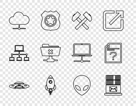Set line UFO flying spaceship, Mail server, Two crossed hammers, Rocket wit.. Stock Illustration