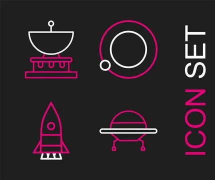 Set line UFO flying spaceship, Rocket, Satellites orbiting the planet Earth.. Stock Illustration
