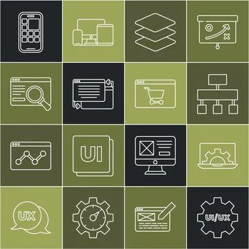 Set line UI or UX design, Web development, Site map, Layers, Mobile Apps and Stock Illustration