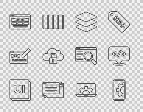 Set line UI or UX design, Web development, Layers, Cloud computing lock, and Stock Illustration
