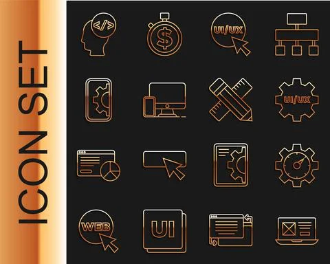 Set line UI or UX design, Website statistic, Monitor and mobile, development Stock Illustration