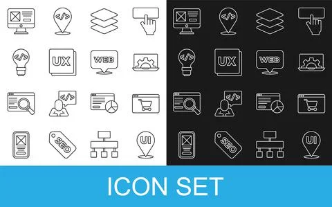 Set line UI or UX design, Online shopping on screen, Web development, Layers 스톡 일러스트