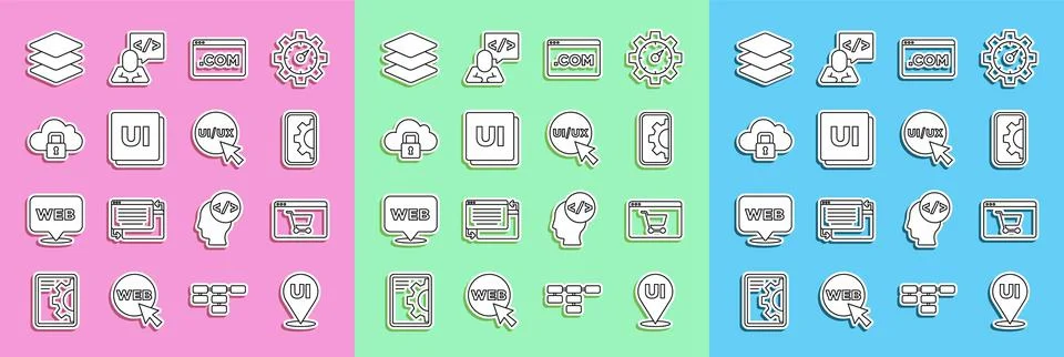 Set line UI or UX design, Online shopping on screen, Web development, Cloud Stock Illustration