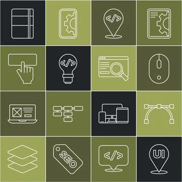 Set line UI or UX design, Bezier curve, Computer mouse, Front end development Illustrazione stock