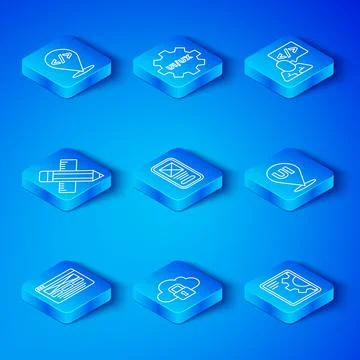 Set line UI or UX design, Cloud computing lock, Front end development, Crossed 库存插图