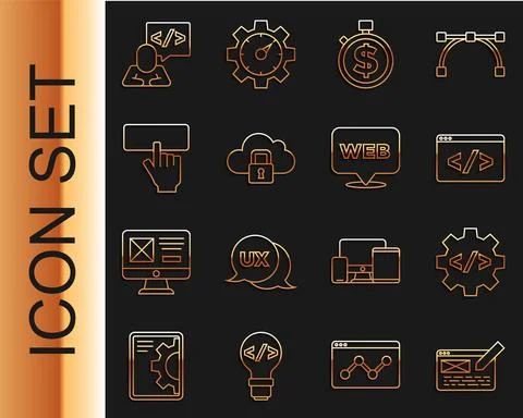 Set line UI or UX design, Front end development, Time is money, Cloud computing Stock Illustration