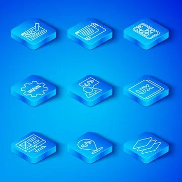 Set line UI or UX design, Front end development, Mobile Apps, and Layers icon Illustrazione stock