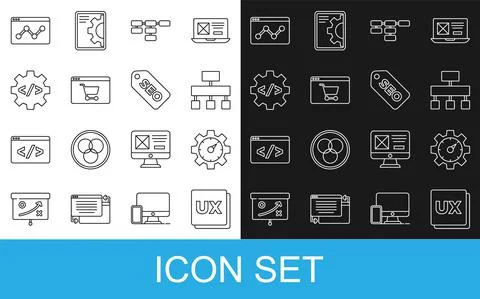 Set line UI or UX design, Website statistic, Site map, Online shopping on screen Stock Illustration