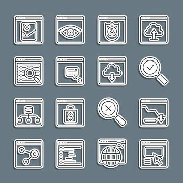 Set line UI or UX design, Financial growth decrease, Magnifying glass with check Illustrazione stock