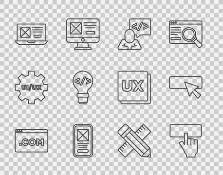 Set line UI or UX design, Keyboard, Front end development, Crossed ruler and  Stock Illustration