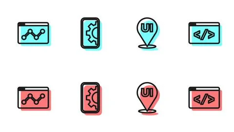 Set line UI or UX design, Website statistic, development and Front end icon Illustrazione stock