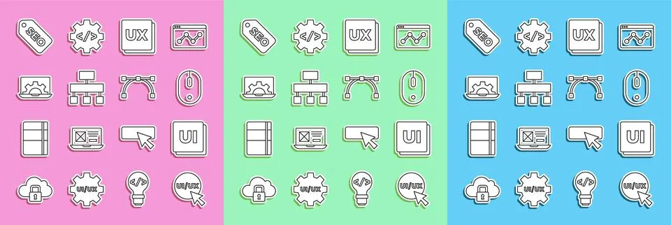 Set line UI or UX design, Computer mouse, Site map, Web development, SEO Illustrazione stock