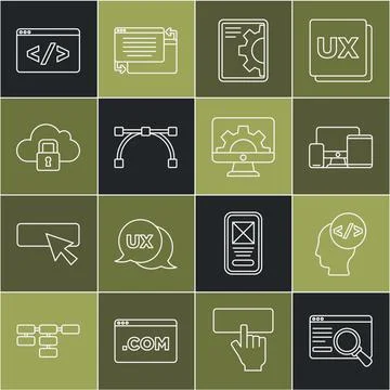 Set line UI or UX design, Front end development, Monitor, mobile, tablet, W.. Stock Illustration