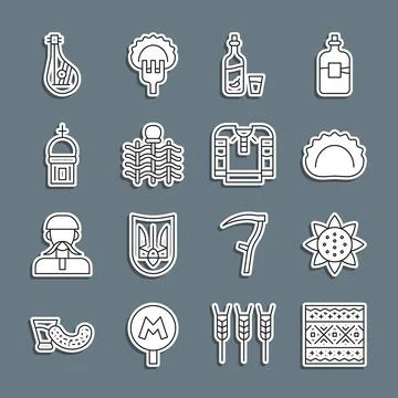 Set line Ukrainian ethnic pattern, Sunflower, Dumplings, Vodka with pepper and Illustrazione stock