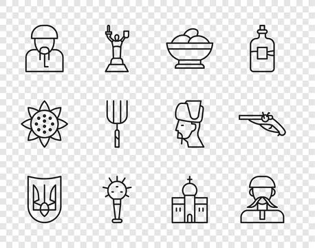 Set line Ukrainian trident, cossack, Varenyky bowl, Mace, Garden pitchfork,.. Stock Illustration