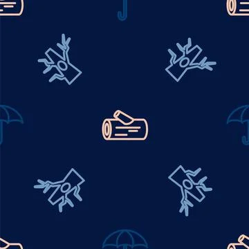 Set line Umbrella, Bare tree and Wooden log on seamless pattern. Vector Stock Illustration