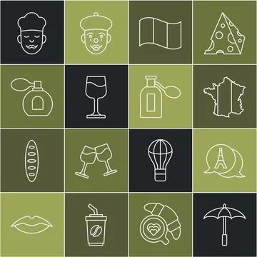 Set line Umbrella for beach, Eiffel tower, Map of France, Flag, Wine glass,.. Stock-Illustration