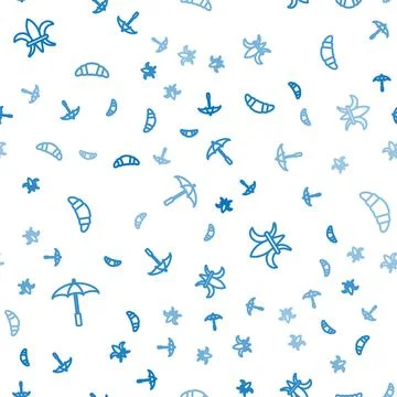 Set line Umbrella for beach, Fleur De Lys and Croissant on seamless pattern Stock Illustration