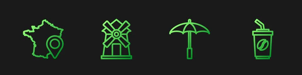 Set line Umbrella for beach, Map of France, Windmill and Coffee cup to go Stockillustratie