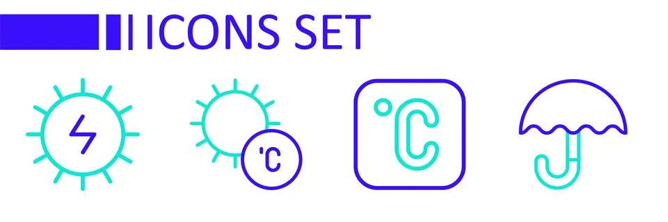 Set line Umbrella, Celsius, Sun and Solar energy panel icon. Vector Stock Illustration