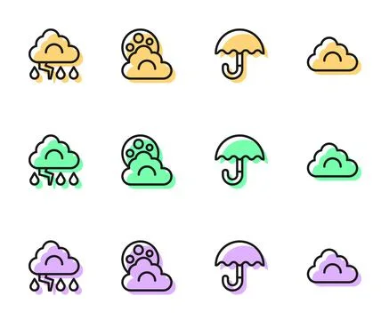 Set line Umbrella, Cloud and lightning, with moon and  icon. Vector Illustration