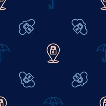 Set line Umbrella, Cloud computing lock and Lock on seamless pattern. Vector Stock Illustration