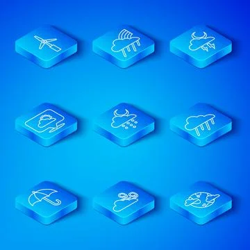 Set line Umbrella, Cloud with rain and moon, Windy weather, Storm, Location Illustrazione stock