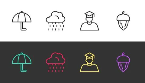 Set line Umbrella, Cloud with rain, Graduate and graduation cap and Acorn o.. Ilustración de archivo