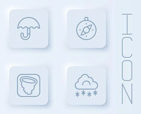 Set line Umbrella, Compass, Tornado and Cloud with snow. White square button Illustration
