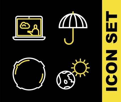 Set line Umbrella, Earth globe and sun, Moon and Weather forecast icon. Vecto Illustration