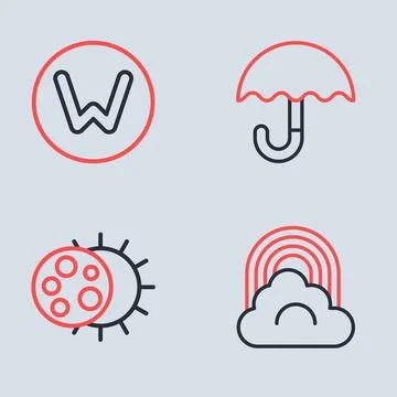 Set line Umbrella, Eclipse of the sun, Rainbow with cloud and Compass north.. Ilustração Stock