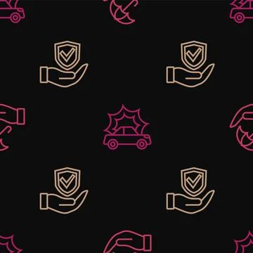 Set line Umbrella in hand, Shield and Car accident on seamless pattern. Vecto Stock Illustration
