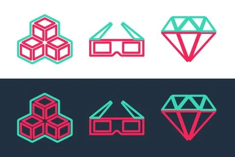 Set line Umbrella, Isometric cube and 3D cinema glasses icon. Vector Stock Illustration