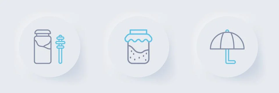 Set line Umbrella, Jam jar and Jar of honey and dipper stick icon. Vector Stock Illustration