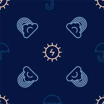 Set line Umbrella, Rainbow with cloud and Solar energy panel on seamless patt Illustrazione stock