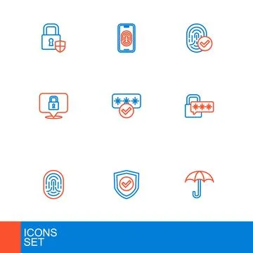 Set line Umbrella, Shield with check mark, Fingerprint, Cyber security, Loc.. Stock Illustration