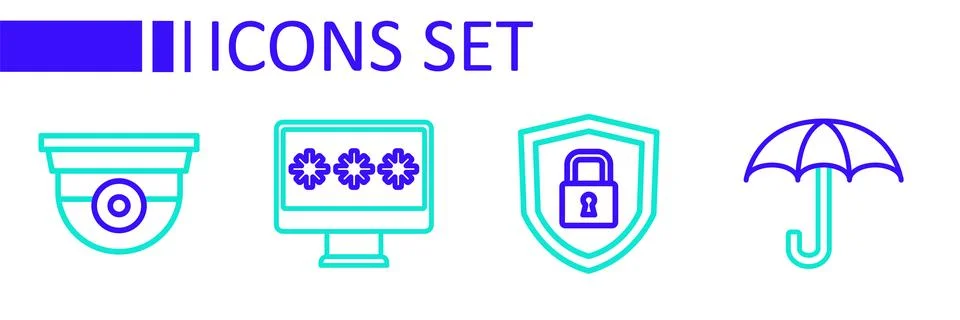 Set line Umbrella, Shield security with lock, Monitor password and Security.. Illustrazione stock