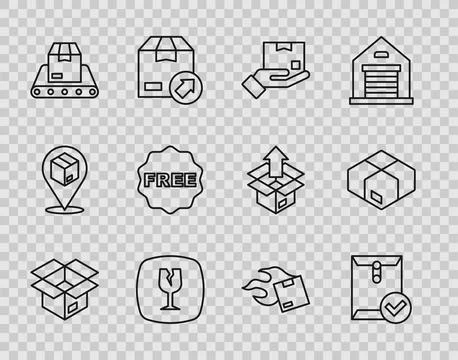 Set line Unboxing, Envelope and check mark, Delivery hand with, Fragile bro.. イラスト素材