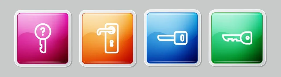 Set line Undefined key, Door handle, Key and . Colorful square button. Vector Illustration