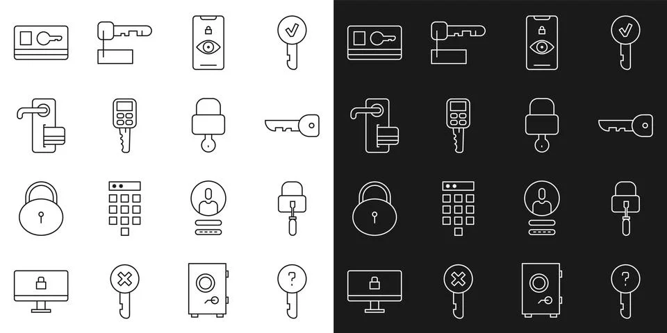 Set line Undefined key, Lock picks for lock picking, Key, Eye scan, Car wit.. Stock Illustration