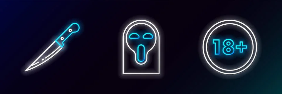 Set line Under 18 years, Knife and Funny and scary ghost mask icon. Glowing neon Stock Illustration