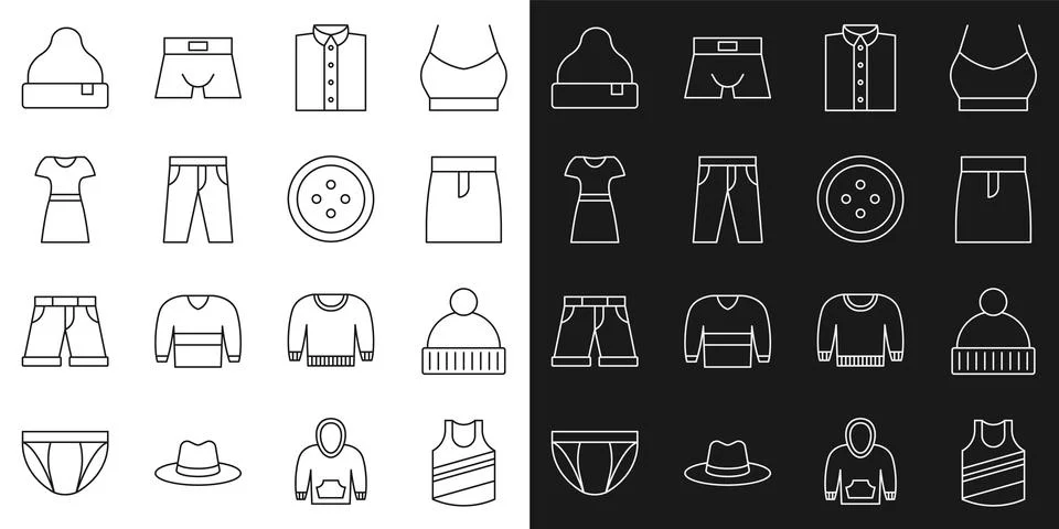 Set line Undershirt, Beanie hat, Skirt, Shirt, Pants, Woman dress, and Sewing Stock Illustration