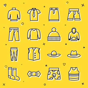 Set line Undershirt, Man hat, Hoodie, Skirt, Sweater, Pants, and Beanie icon Stock Illustration