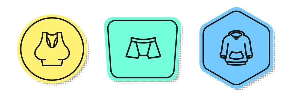 Set line Undershirt, Men underpants and Hoodie. Colored shapes. Vector Stock Illustration